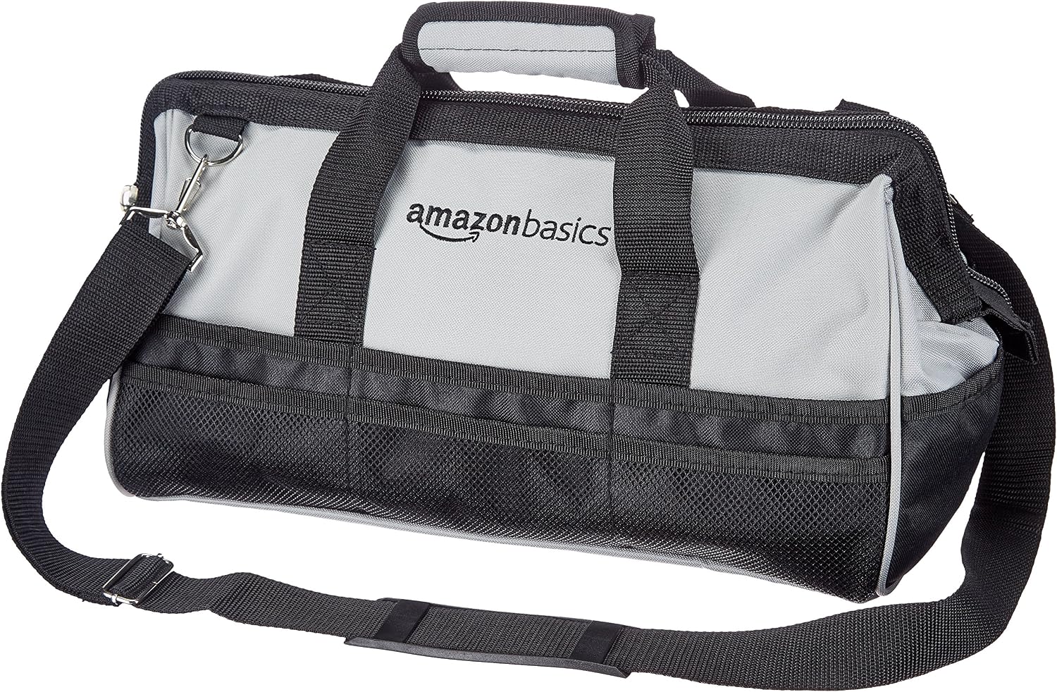 Amazon Basics Durable Wear-Resistant Tool Storage Bag with Adjustable Shoulder Strap, Portable Tool Organizer, 16 in, Black & Grey