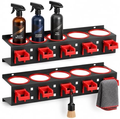 Wownnic Spray Bottle Holder Wall Mount:2 Pack Heavy Duty Metal Spray Bottle Rack with 5 Holes &amp; 5 Hooks, Car Detailing Organizer for Garage, Workshop, Cleaning Tools : Tools &amp; Home